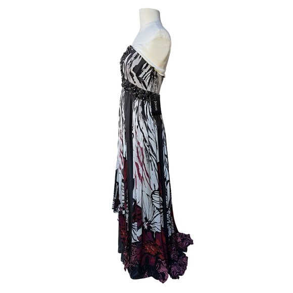 NWT Jovani Crepe Georgette Beaded Strapless Gown Abstract Floral Hibiscus Print - Picture 2 of 8